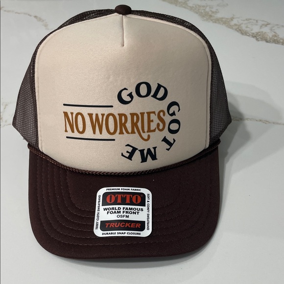 NO WORRIES GOD GOT ME Cream and Brown Trucker Hat - Picture 1 of 3